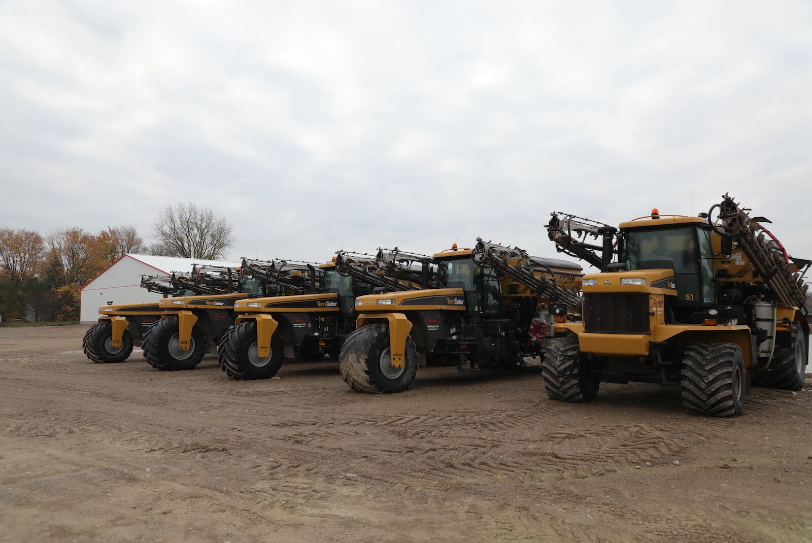 Hoegys parked in a row on a field.