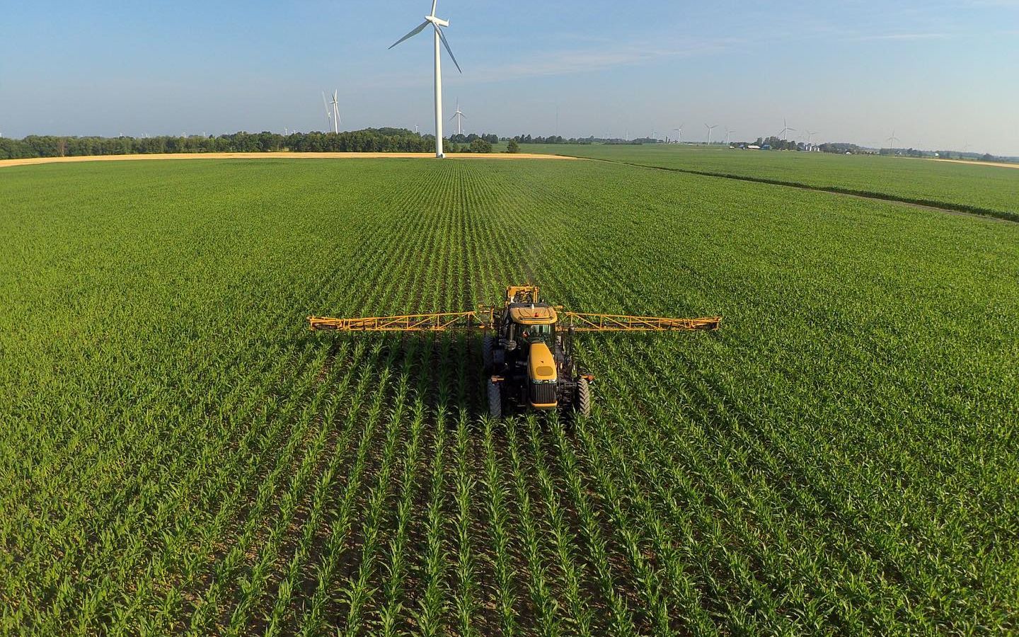 Arial picture of farm equipment in a field